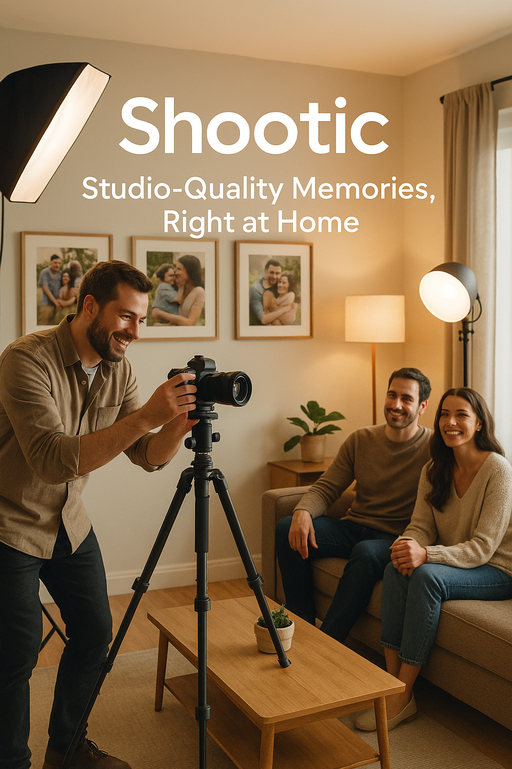 Professional Shootic photographer capturing studio-quality memories of a happy couple in their comfortable living room with professional lighting and camera equipment